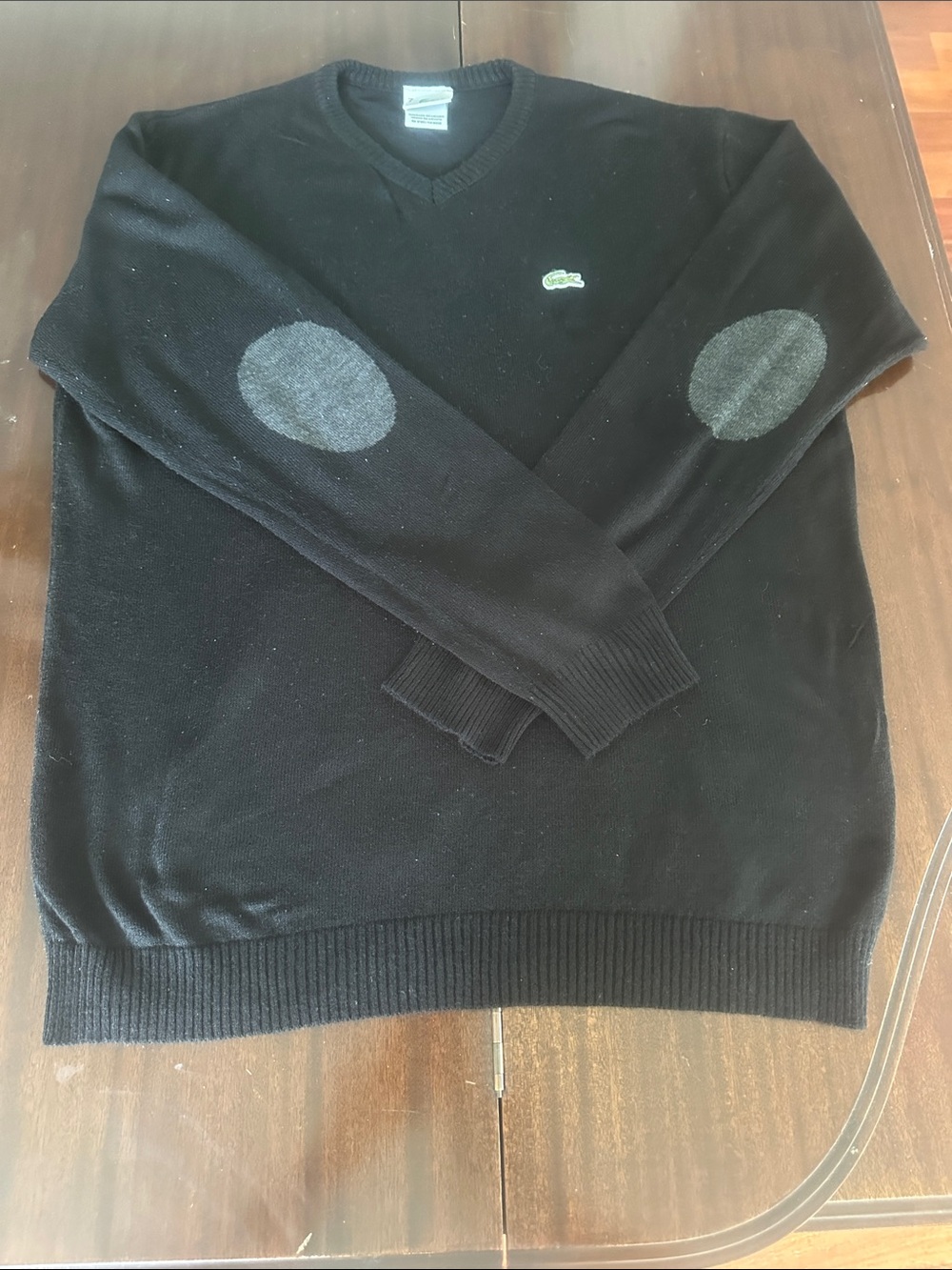 Lacoste Black V-Neck Sweater with Gray Elbow Patches